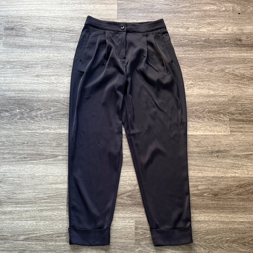 ATM Anthony Thomas Melillo Navy Satin-Look Trousers High rise Cuffed Pants 4
